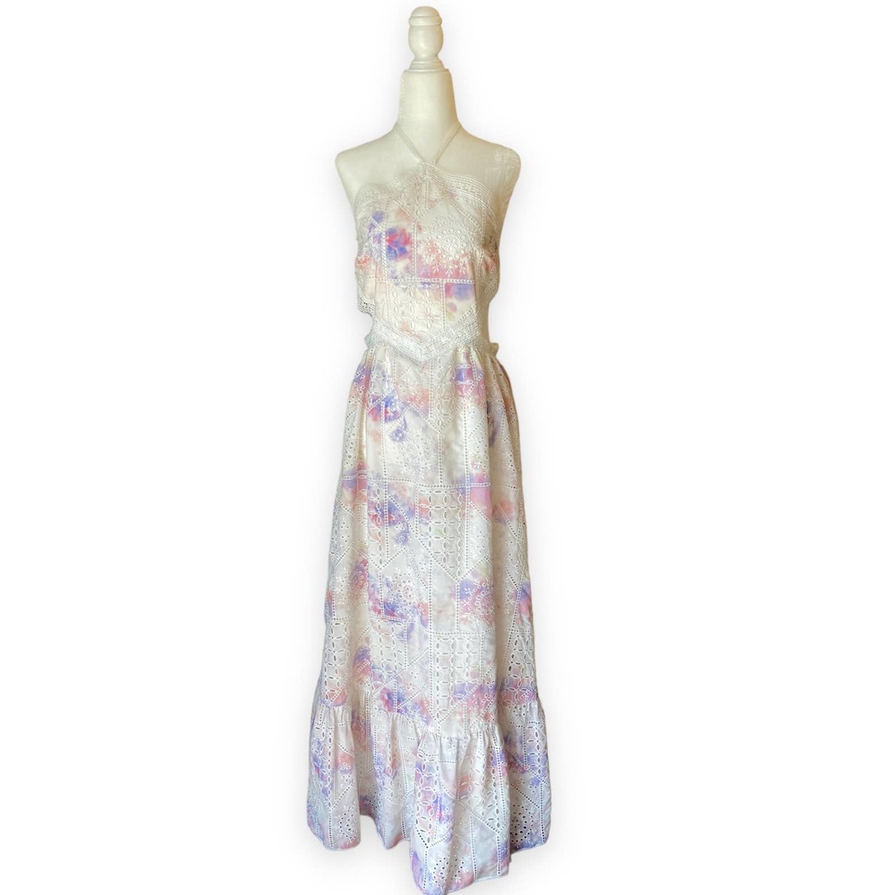 Gianni Bini Delaney Embroidered Eyelet Halter Neck Tie Dye Maxi Dress - Picture 3 of 9